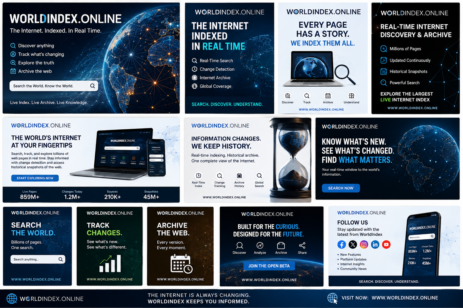 Collage of WorldIndex promotional social-media cards featuring search, change tracking and archive themes.