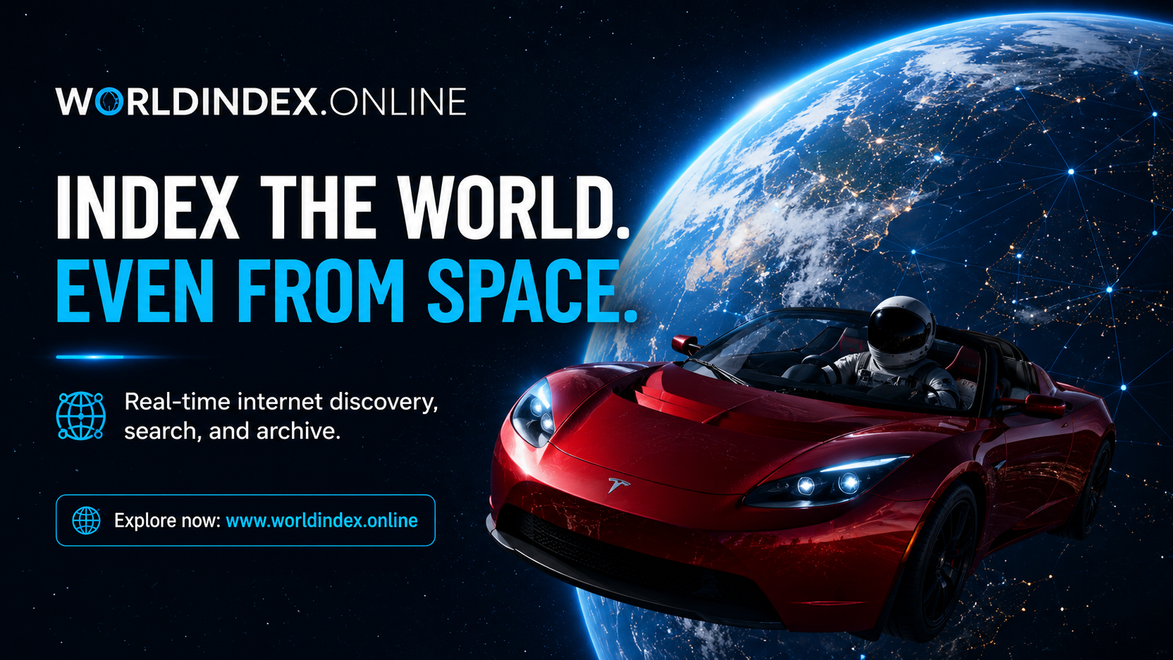 AI-created WorldIndex promotional artwork showing a red roadster passing Earth in space.